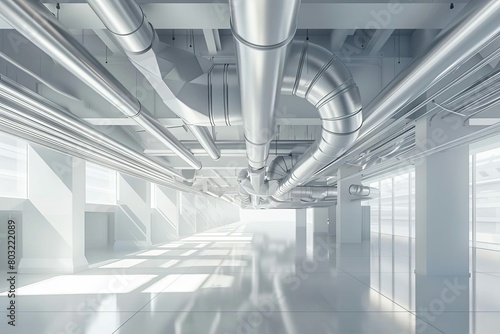 intricate network of industrial ventilation ducts pipes and hvac units attached to ceiling of large commercial building interior infrastructure background 3d rendering 1