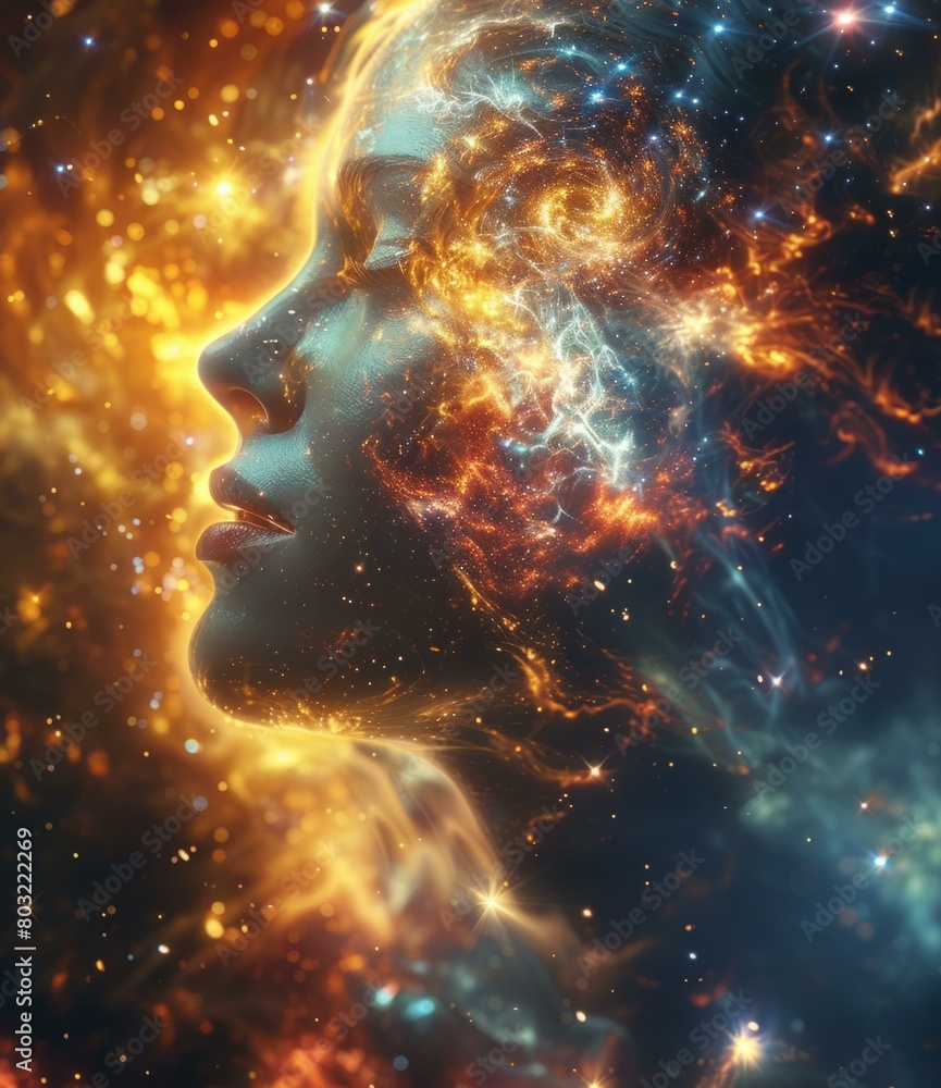 An illustration of a woman's face with stars and galaxies inside her head An illustration of a woman's face with stars and galaxies inside her head