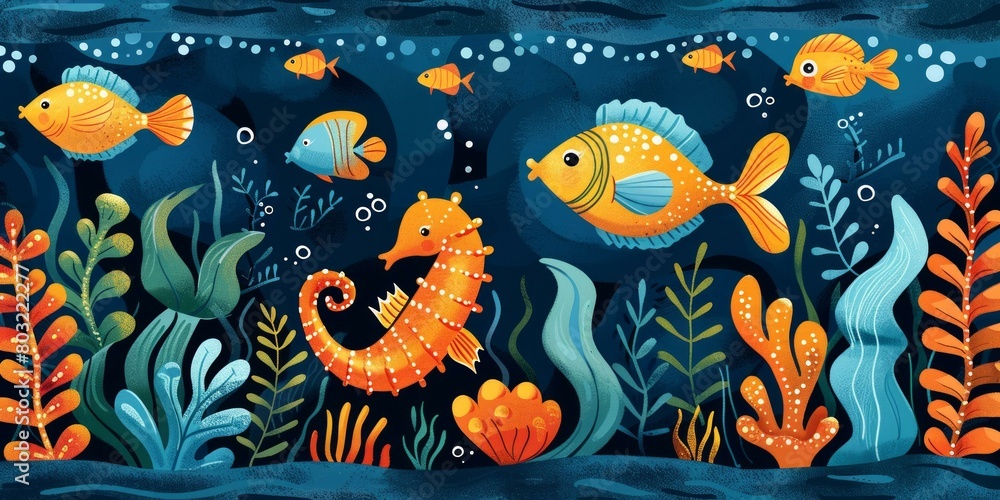 Underwater scene with a variety of fish and sea life Underwater scene with a variety of fish and sea life