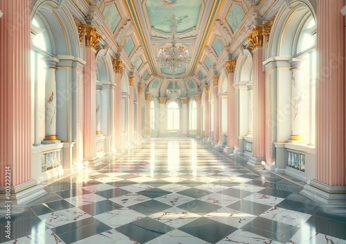 ornate hallway with marble floor and large windows