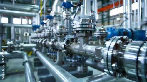 Detailed view of shiny industrial piping and valves in a modern factory setting.
