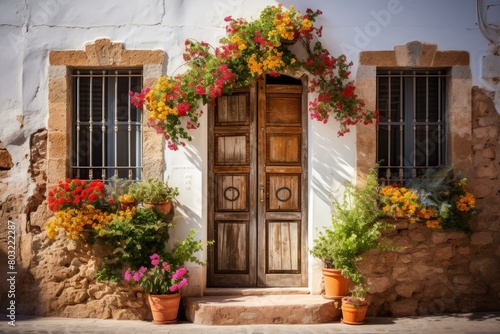 Wooden door with flowers