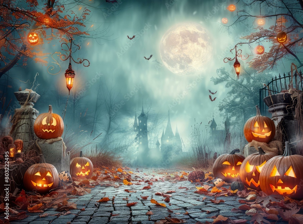 Spooky Halloween night background with pumpkins and haunted house Spooky Halloween night background with pumpkins and haunted house