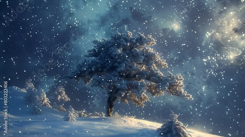 Ethereal night landscape with a windswept pine tree under starlit sky and gentle snowfall