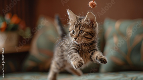 A mischievous kitten jumping with agility  attempting to catch a dangling toy mouse in a cozy living room.