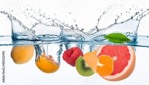 Splash of water on a medley of mixed fresh organic ripe fruits juicy  colorful  and ready to delight the senses  isolated on white background