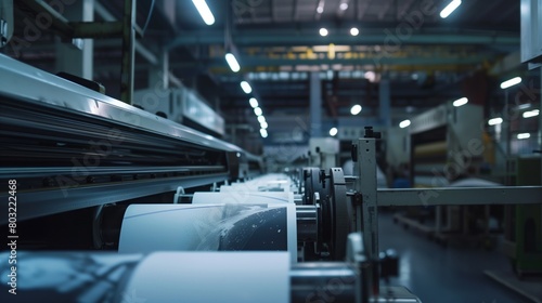 Close-up view of a printing press in an industrial setting, with sheets of paper being processed.