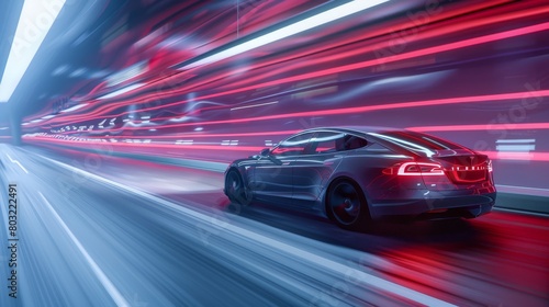 Sleek electric car speeding in futuristic tunnel with vibrant red lights