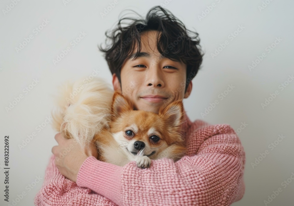 Asian man hugging a small dog