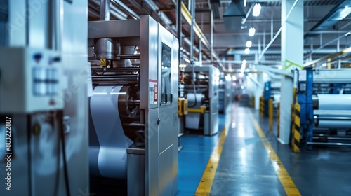 Long exposure shot of a modern factory floor with advanced printing machines and illuminated aisles.