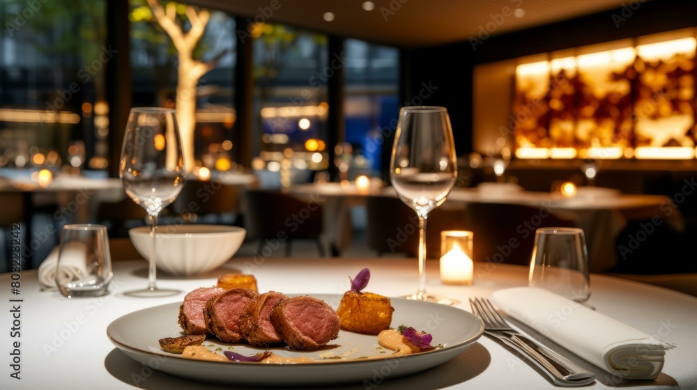 A delectable plate of lamb with accompaniments in a fine dining restaurant A delectable plate of lamb with accompaniments in a fine dining restaurant