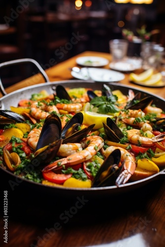 A delicious paella with seafood and vegetables