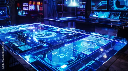 Futuristic glass table with glowing digital interfaces in a high-tech control room