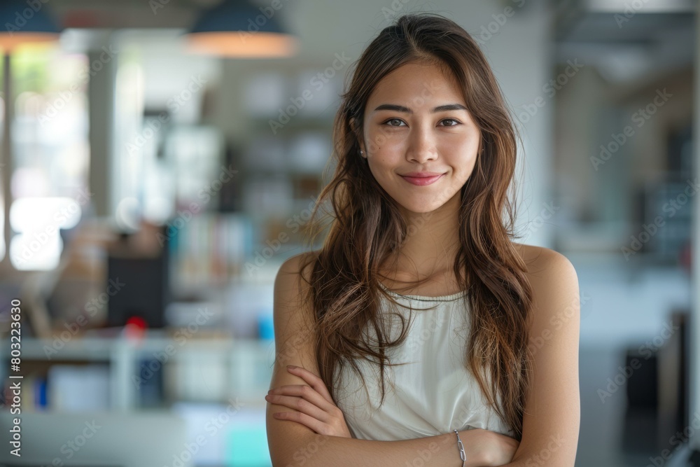 Portrait of a young Asian woman smiling in an office