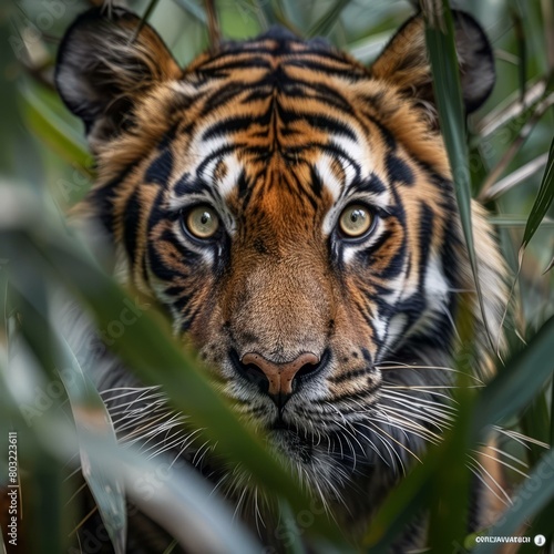 A fierce tiger peers out from behind dense foliage