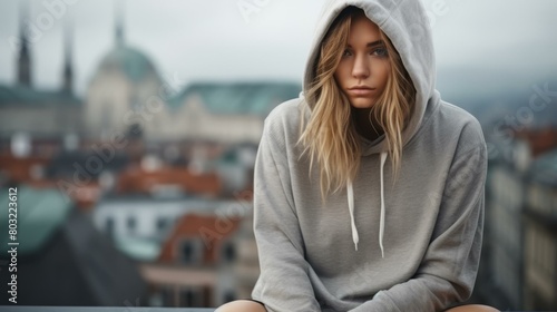 Portrait of a young woman in a gray hoodie looking at the camera with a serious expression on her face photo