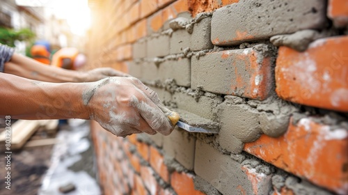 construction worker bricklaying a brick wall photo