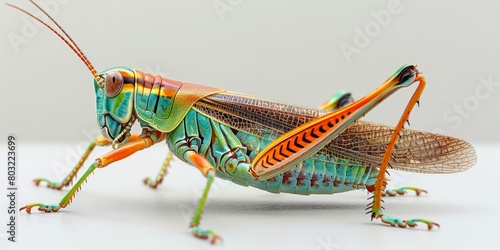 A green and orange katydid on a white background photo