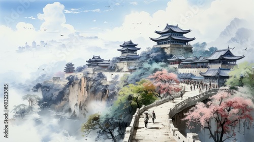 An illustration of a Chinese mountain village with people walking on a bridge