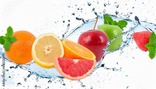 Splash of water on a medley of mixed fresh organic ripe fruits juicy  colorful  and ready to delight the senses  isolated on white background