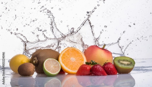 Splash of water on a medley of mixed fresh organic ripe fruits juicy  colorful  and ready to delight the senses  isolated on white background