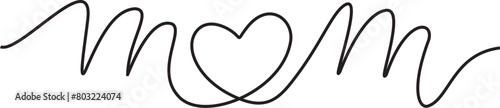 Mom lettering with heart in line art style,isolated hand drawn vector illustration, 