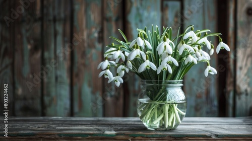 Bouquet of white snowdrops Galanthus nivalis in glass jar on dark tones on wooden background