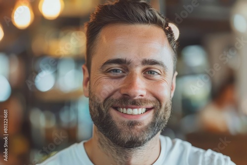 joyful man smiling warmly indoor portrait with blurred background