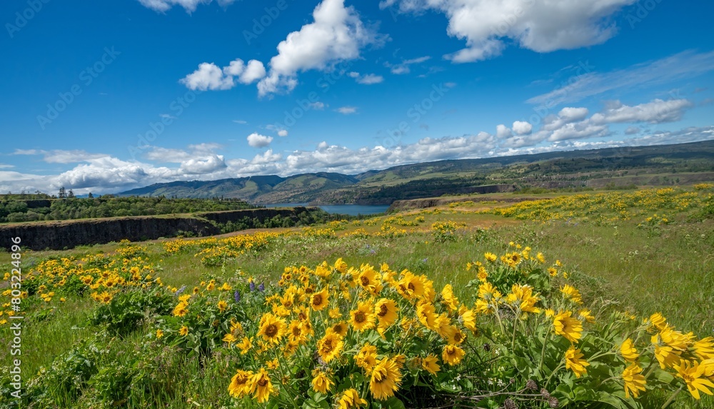 balsamroot and lupine blooming in the Tom McCall preserve on  Rowena Crest, Oregon