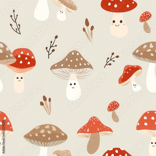 A seamless pattern of cute and colorful mushrooms on a beige background.