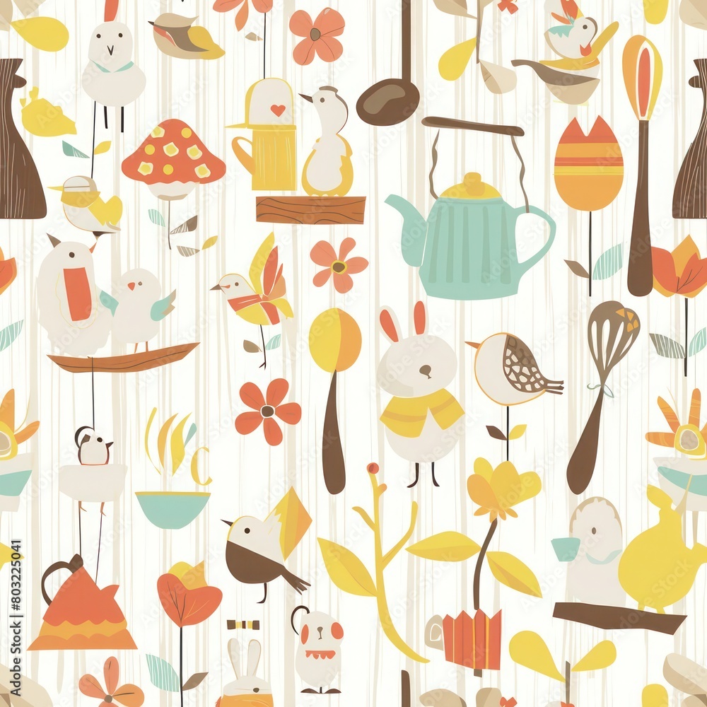 A seamless pattern of cute cartoon animals and kitchen objects in a retro style.