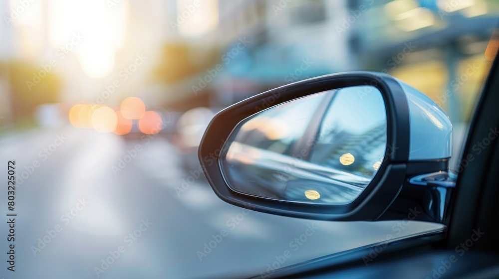 Car mirrors photographed from the inside with background blur