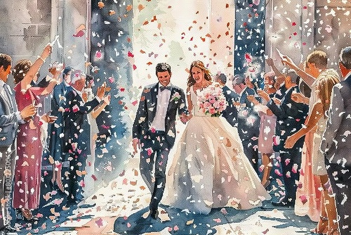 joyful newlyweds exiting ceremony amidst confetti celebration watercolor illustration