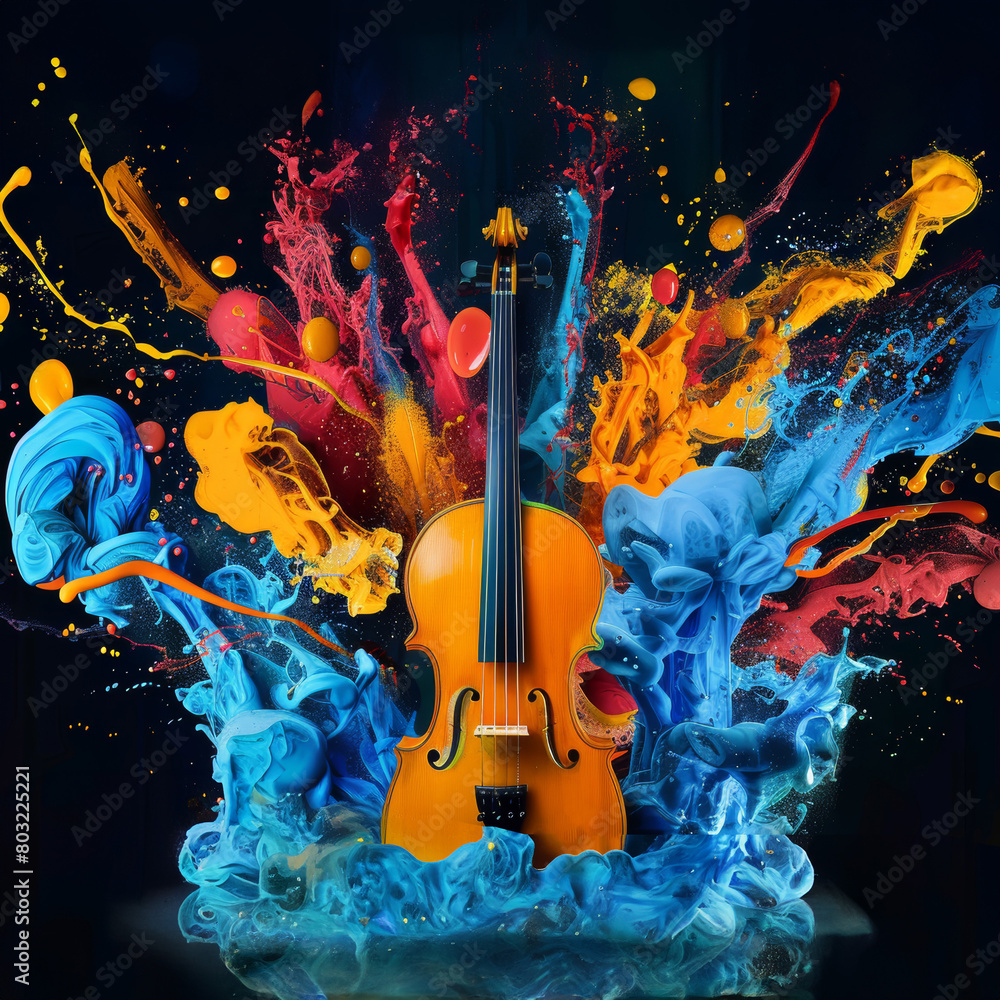 Vibrant Abstract Art with Violin and Colorful Paint Splashes