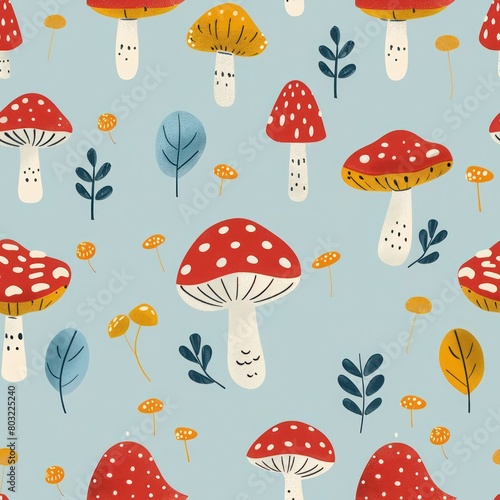 A seamless pattern of cute cartoon mushrooms and leaves on a blue background.