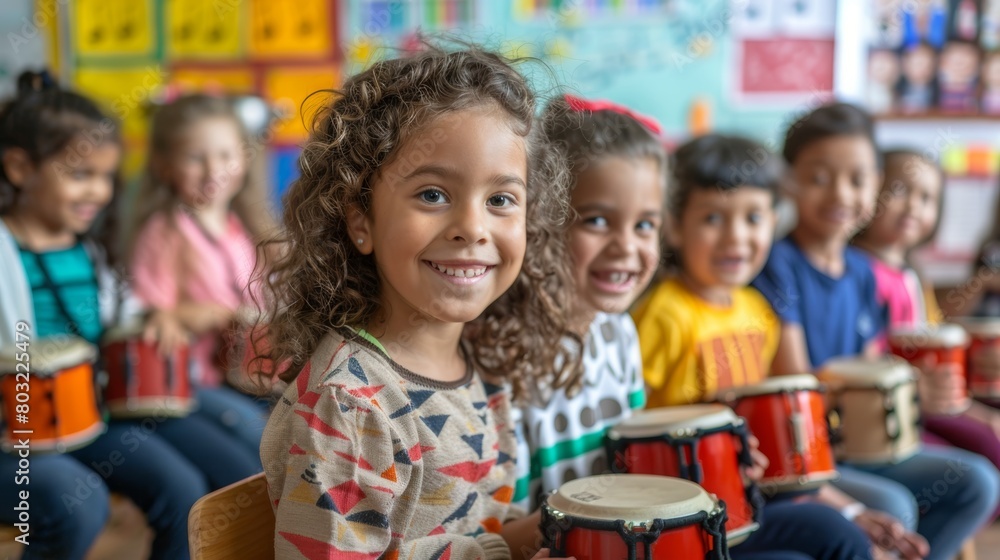 Happy Children Playing Drums in a Classroom: Group Music Lesson