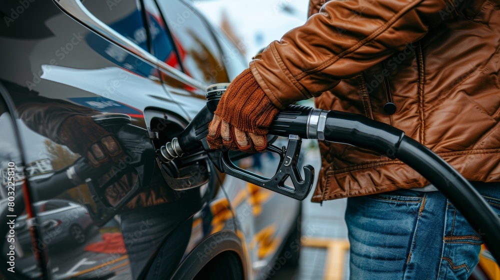 Closeup of man pumping gasoline fuel into car at gas station, filling up vehicle with petrol at pump Closeup of man pumping gasoline fuel into car at gas station, filling up vehicle with petrol at pump