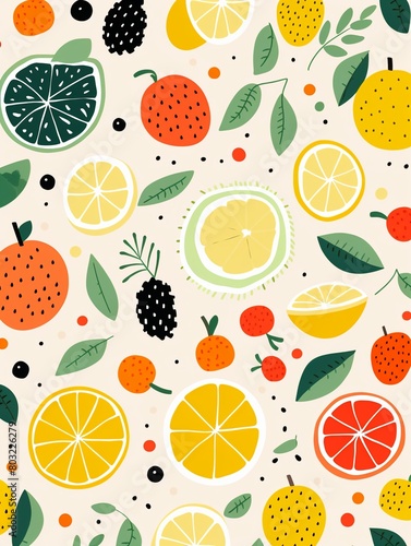 Trendy abstract fruits  modern style  repeating seamless pattern  flat vector graphic for fabric printing    flat graphic drawing