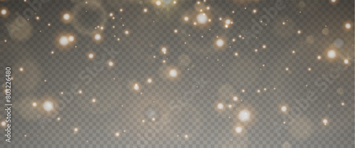 Christmas glowing bokeh confetti light and glitter texture overlay for your design. Festive sparkling gold dust png. Holiday powder dust for cards, invitations, banners, advertising.