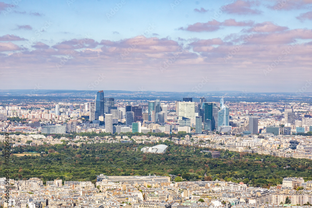 Panoramic view of La Défense is the main business district of Paris, its metropolitan area and the Ile de France region. Bois de Boulogne. Tour Eiffel, Paris, France