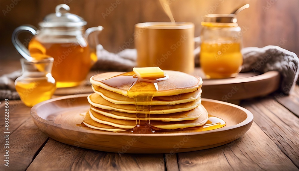 Stack of pancakes topped with butter and honey served on a wooden plate with honey jar, jam, and teacup in the background. Stack of pancakes topped with butter and honey served on a wooden plate with honey jar, jam, and teacup in the background.