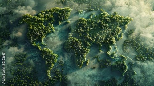 A top-down view of the Earth s forests forming an outline of the world map  symbolizing global environmental protection and natural wonder