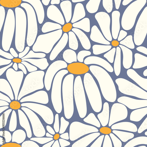 Aesthetic contemporary seamless pattern with daisy flowers. White chamomiles on blue
