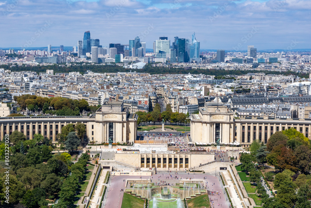 Panoramic view of La Défense is the main business district of Paris, its metropolitan area and the Ile de France region. Bois de Boulogne. Tour Eiffel, Paris, France