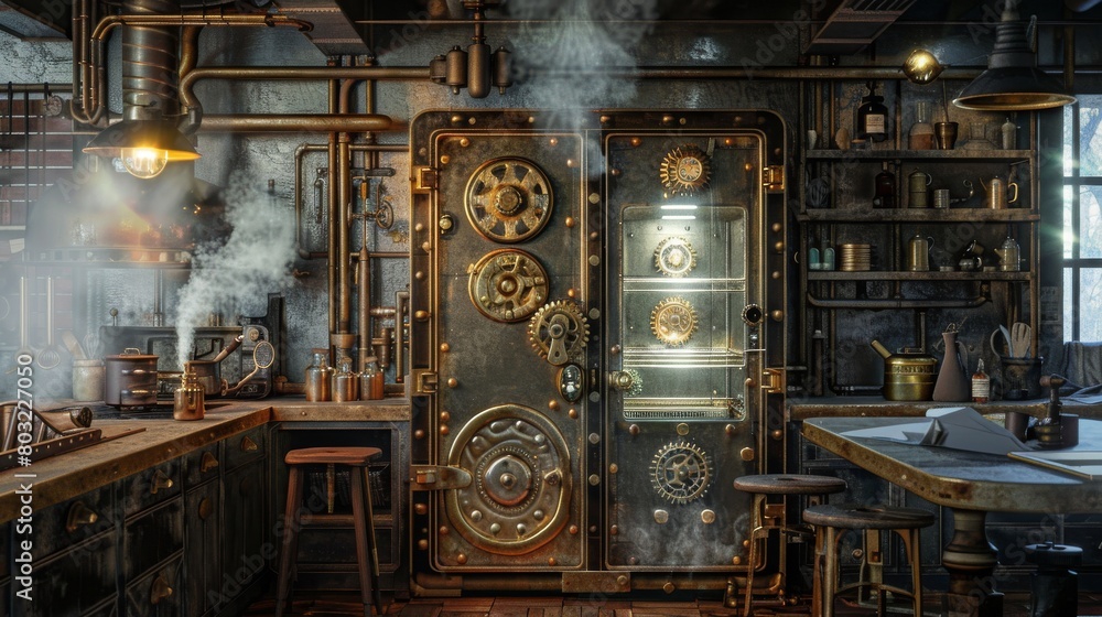 Steampunk kitchen interior with ornate golden refrigerator and vintage accessories