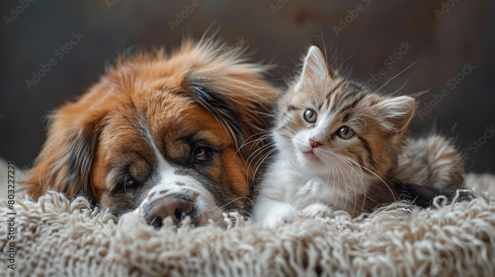 A playful kitten swatting at the tail of a patient Saint Bernard, the two engaging in a gentle game of tag.