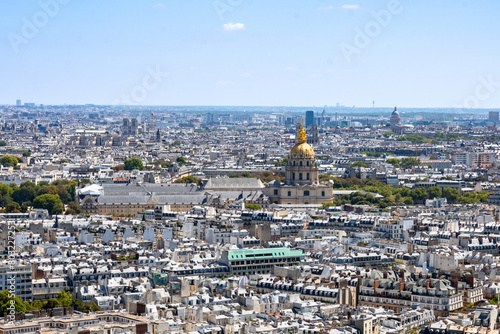 Aerial panoramic view of the city of Paris  France. Hotel dels Inv  lids  Arc de Triomf de l   toile  Mus  e de l Arm  e  Tour Eiffel - Parc du Champ-de-Mars.