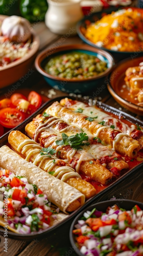 Closeup of a Cinco de Mayo feast with enchiladas, churros, and salsa, festive table decor Closeup of a Cinco de Mayo feast with enchiladas, churros, and salsa, festive table decor