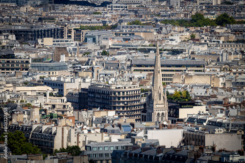 Panoramic view of the roofs of the buildings around the Tour Eiffel and Seine river, Paris, France.