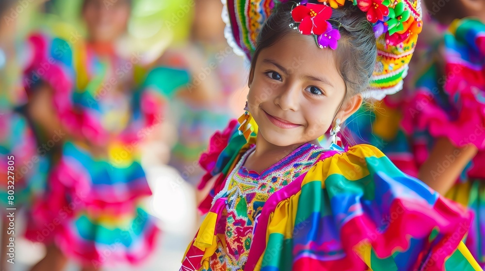 Children in vibrant folk costumes perform traditional Mexican dances, Cinco de Mayo festival in the town square Children in vibrant folk costumes perform traditional Mexican dances, Cinco de Mayo festival in the town square